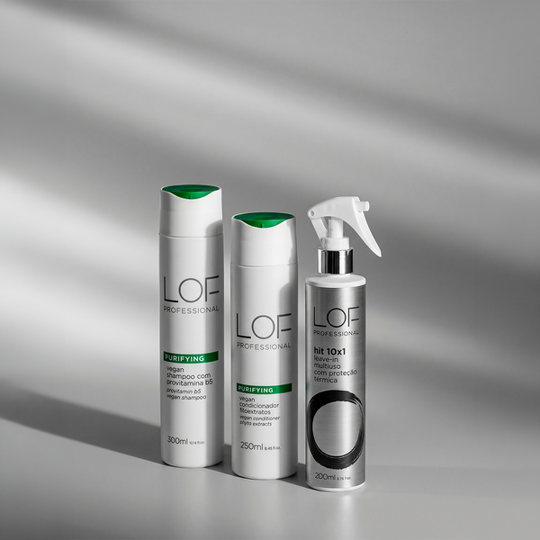 Kit Detox e Pureza LOF Professional — Shampoo Purifying Vegan 300ml, Condicionador Purifying Vegan 250ml e Leave-In Hit 10x1 200ml