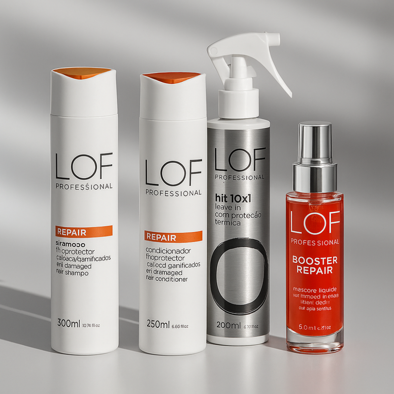 Kit Reparação Definitiva Repair LOF Professional - shampoo, condicionador, máscara líquida e Hit 10x1 na rotina completa