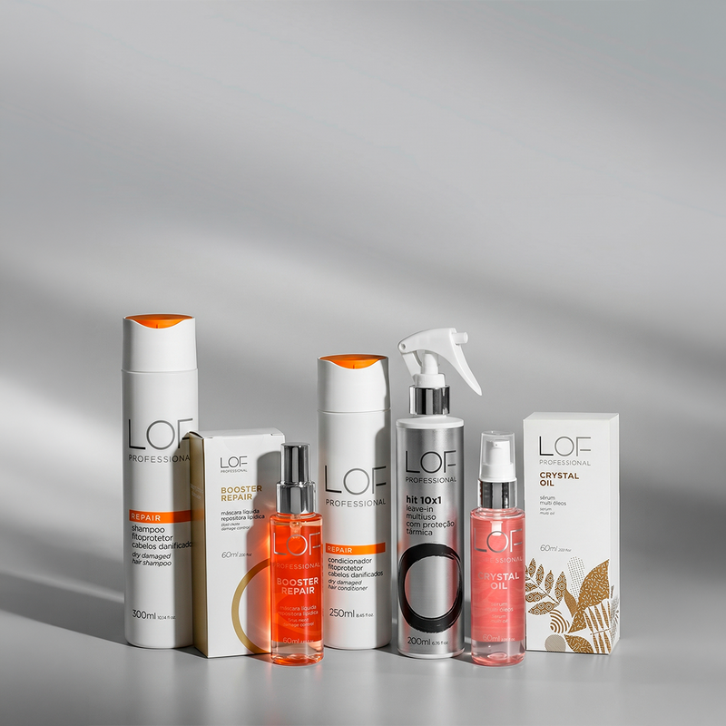 Kit Transformação Capilar LOF Professional — Shampoo Repair 300ml, Condicionador Repair 250ml, Booster Repair 60ml, Hit 10x1 200ml e Crystal Oil 60ml
