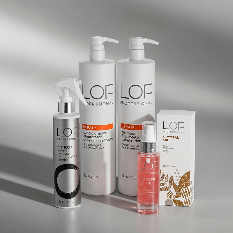 Kit Salão em Casa LOF Professional — Shampoo e Condicionador Repair de 1 litro, Leave-In Hit 10x1 200ml e Sérum Crystal Oil 60ml