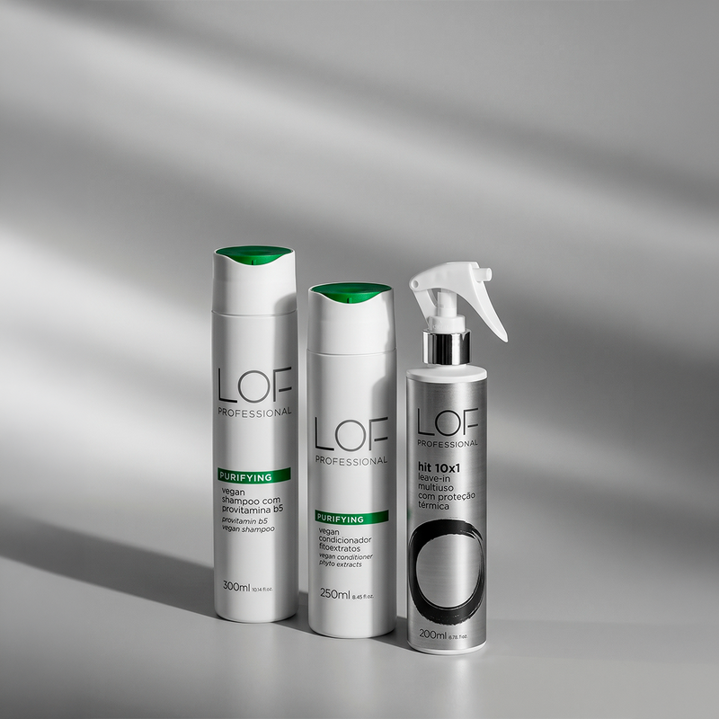 Kit Detox e Pureza LOF Professional — Shampoo Purifying Vegan 300ml, Condicionador Purifying Vegan 250ml e Leave-In Hit 10x1 200ml