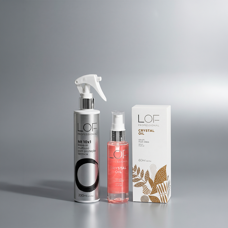 Kit Brilho e Proteção LOF Professional — Leave-In Hit 10x1 200ml e Sérum Crystal Oil 60ml com a caixa, sobre fundo cinza