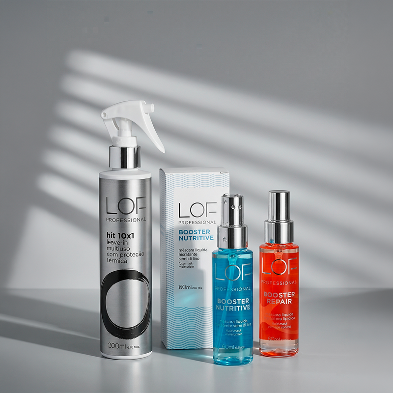 Kit Reparação e Nutrição LOF Professional - Booster Repair e Leave-In Hit 10x1 para tratar e finalizar cabelos danificados